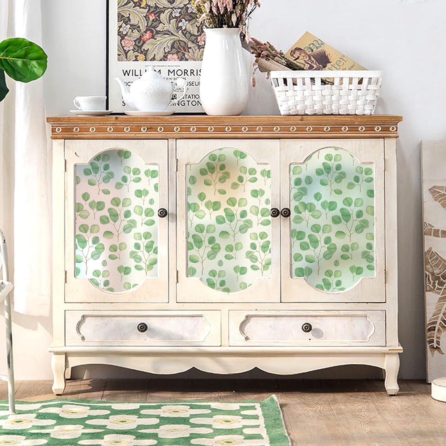 DKTIE Retro Leaves Pattern Two-Way Window Film Privacy Day and Night Window Privacy Film Decorative Stained Glass Window Clings for Birds (S222, 35.4" x 78.7")