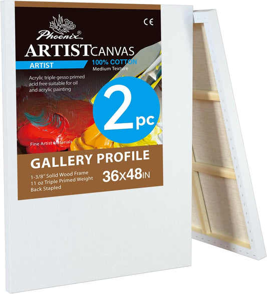 PHOENIX 36x48 Inch 2 Pack Gallery Canvas - 1.5 in Thick Extra Large Canvases for Painting - Deep Edge 100% Cotton 11 Oz. Gesso Primed White Blank Professional Canvas Oil & Acrylic Paints