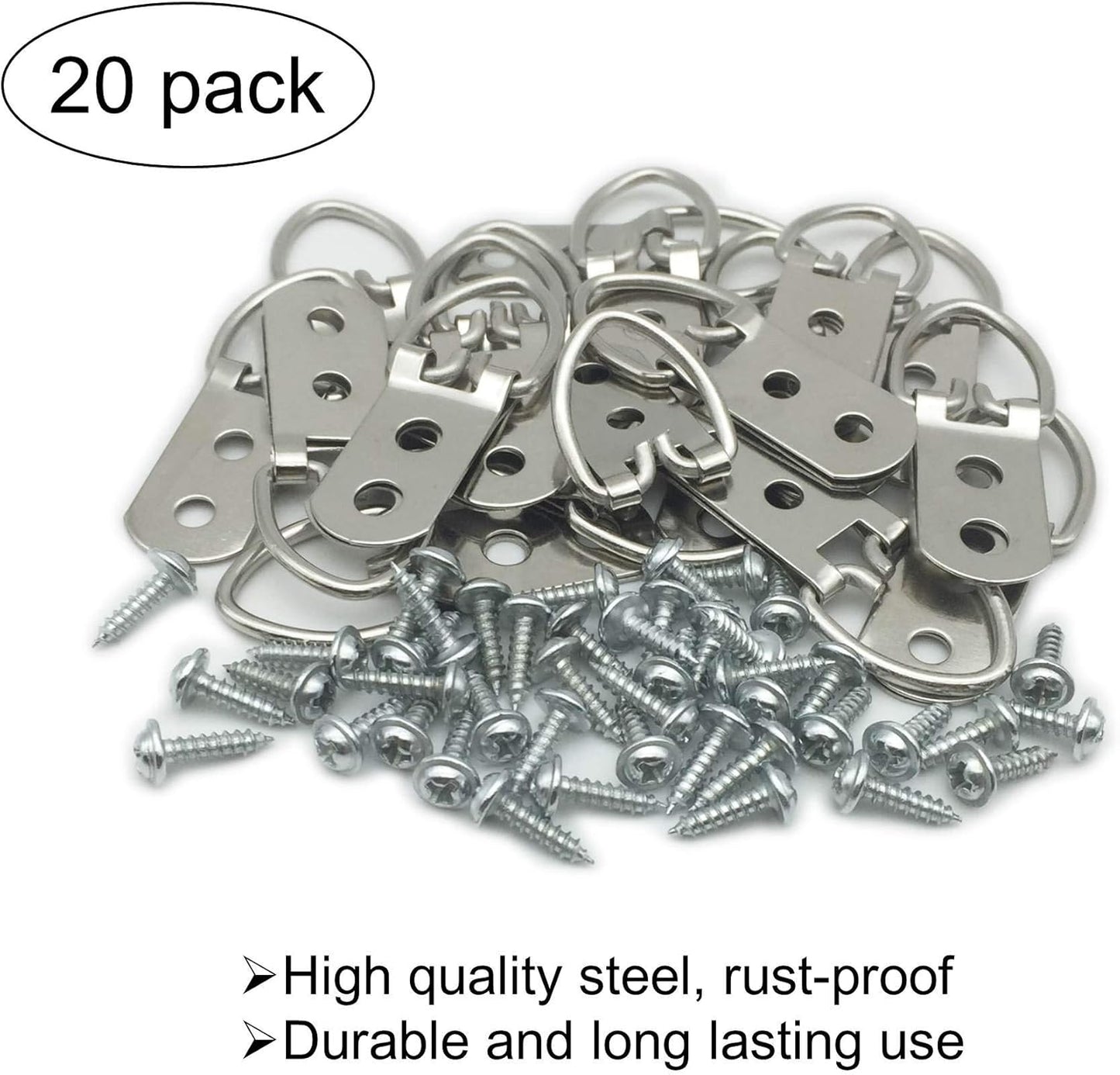 20 Pack D-Ring Steel Picture Hangers Heavy Duty with Screws Picture Frames Double Holes Clasp Picture Hang Solutions, for Hanging Clock Paintings Artwork Picture Frame Hook Photos Mirrors