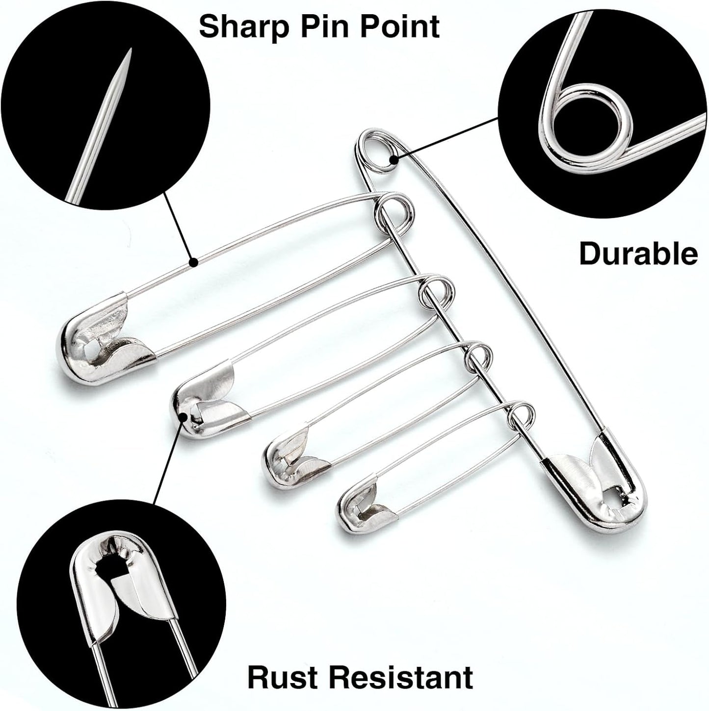 Silver Safety Pins 300 PCS, 5 Assorted Sizes of Durable, Small and Large Safety Pins Bulk, Sharp Edge Pins for Clothes, Sewing, Arts & Craft