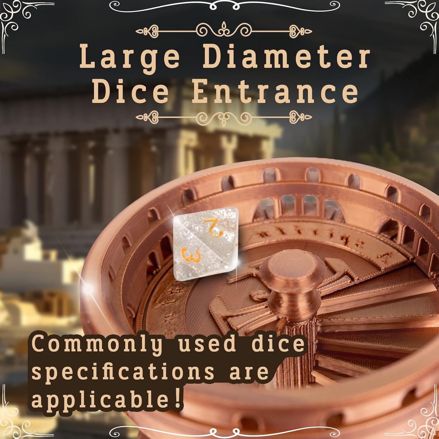 DND Dice Tower with Tray for Role Playing Game,Dungeons and Dragons,D&D,TRPG,7PCS Dice Included,Perfect Ancient Roman Castle Theme Dice Rolling Tower (Red Copper Color)