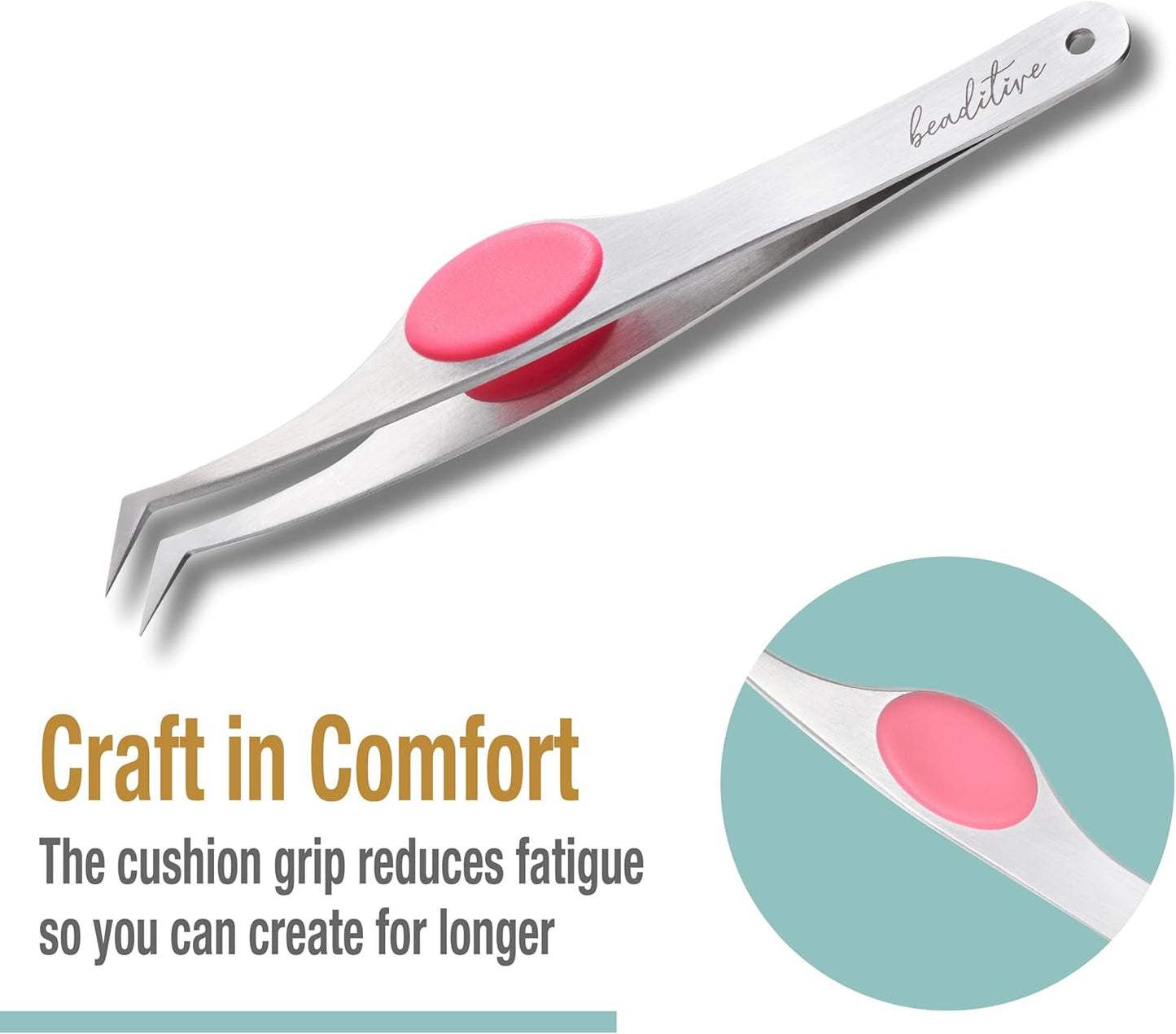 Beaditive High Precision Angled Tip Tweezers with Cushion Grip - 4.7" Craft Tweezers for Sewing, Beading & DIY Crafts - Non-Serrated Jewelry Tweezers with Fine Angled Tips - Stainless Steel (Fuchsia)