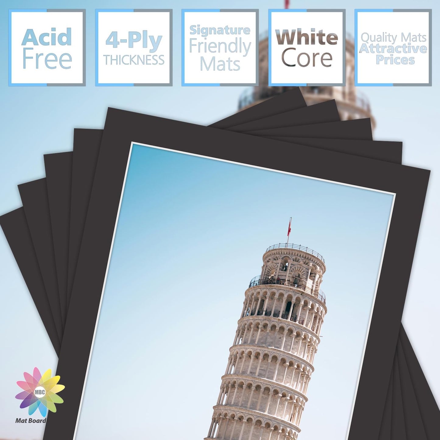 MBC MAT BOARD CENTER, 5 Pack 8x10 for 7x9 Black Picture Mats Frame Mattes, Bevel Cut, Acid Free, 4-ply Thickness