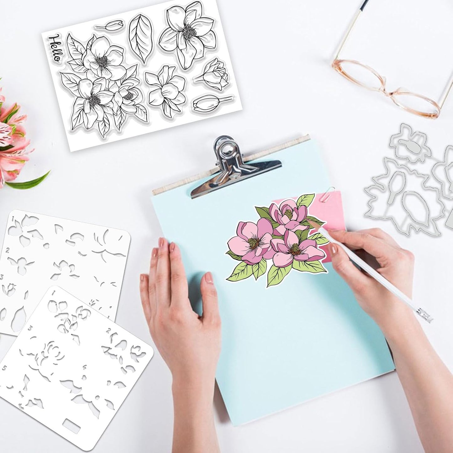 ORIGACH Realistic Magnolia Flower Stamps and Die and Layering Coloring Stencil Bundle for Card Making Album Arts Crafts Supplies
