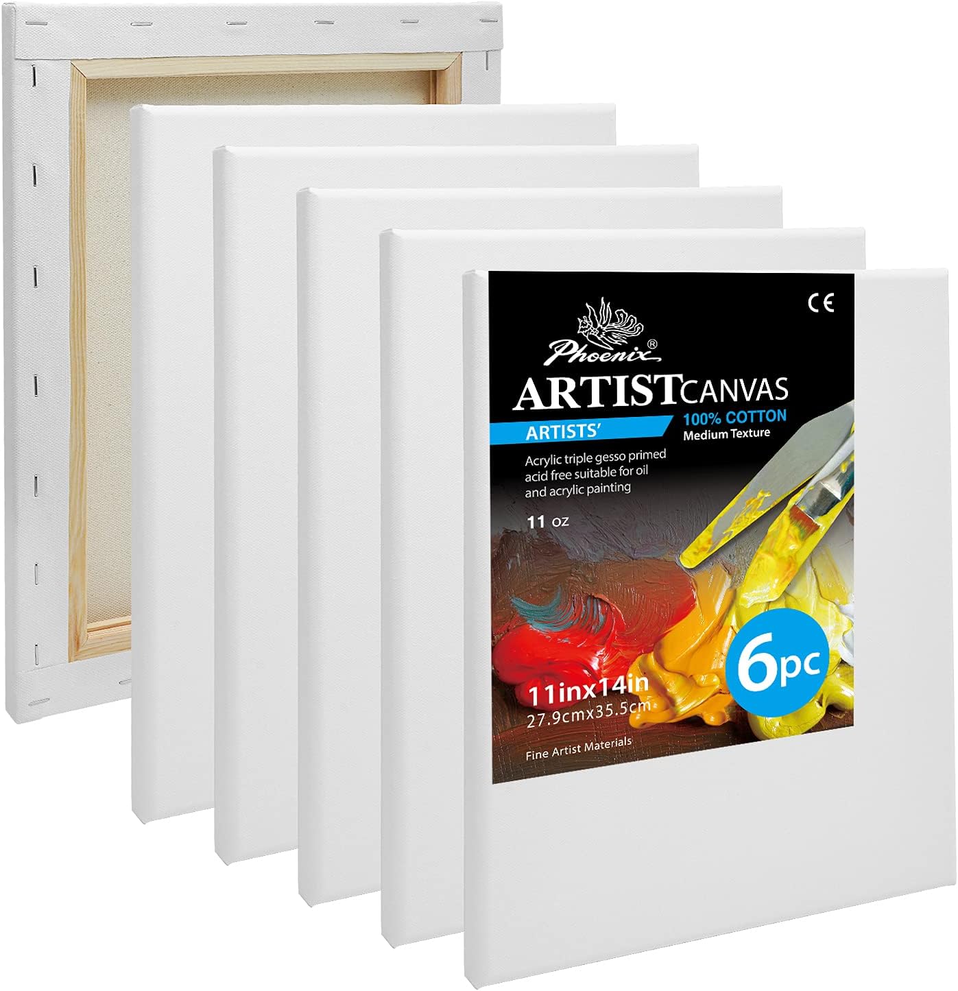 PHOENIX Professional Stretched Canvas for Painting - 11x14 Inch/6 Pack 3/4 Inch Profile, 100% Cotton 11 Oz. Heavy Duty Gesso Triple Primed White Blank Artist Canvases for Oil & Acrylic Paints