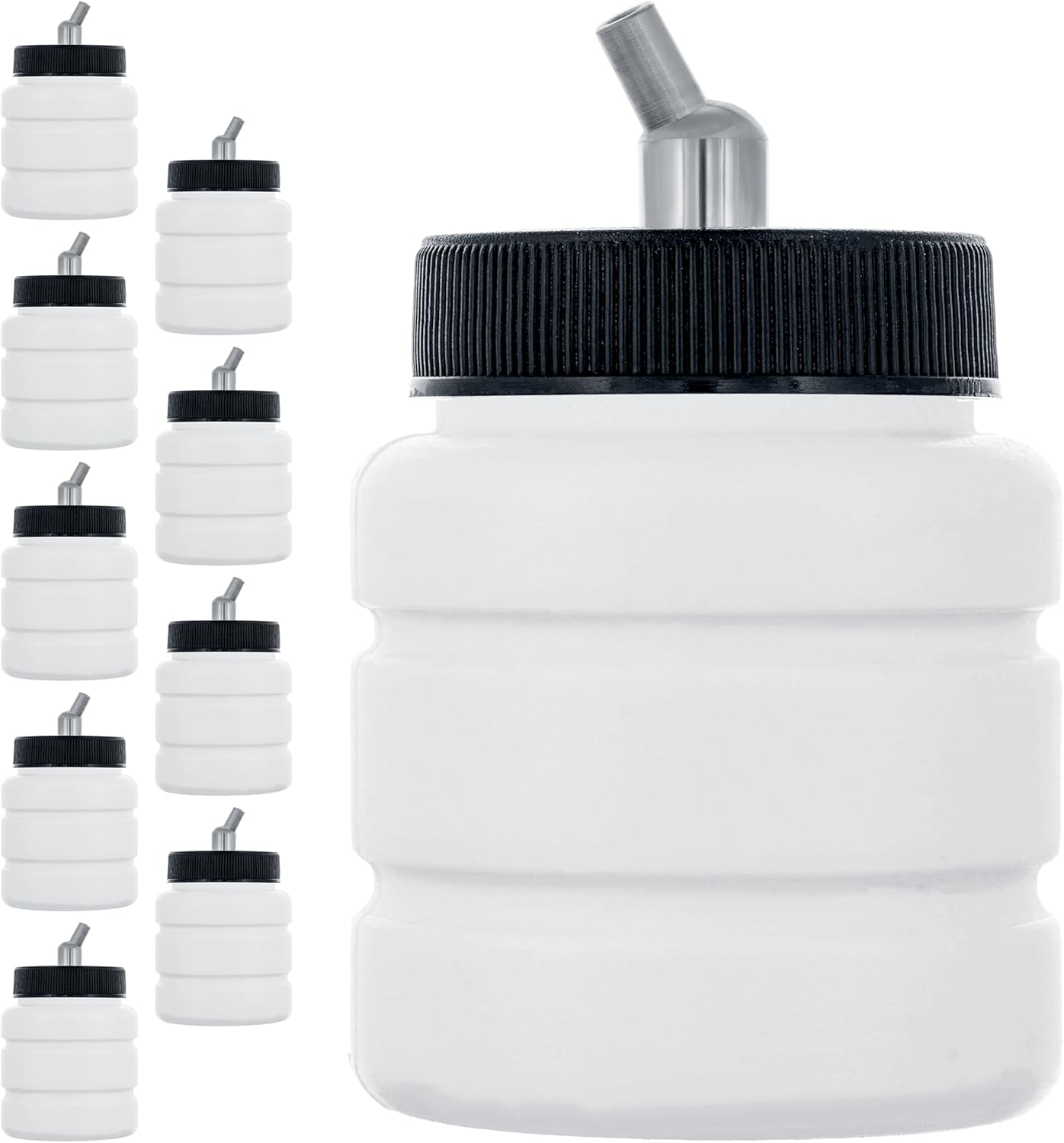 Master Airbrush (Pack of 10) TB-006 Empty 2.7-Ounce (80cc) Plastic Jar Bottles with 30° Down Angle Adaptor Lid Assembly - Fits Dual-Action Siphon Feed Airbrushes, Use with Master, Badger Paasche Iwata