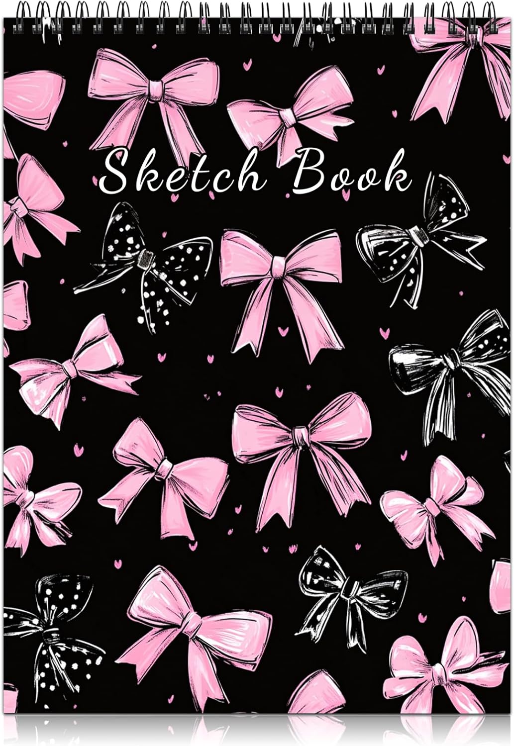 Cabreche Cute Sketchbook Top Spiral Bound Sketch Pad, 9 x 12 inch,100GSM Thick Paper,50 Sheets 100 Pages,Art Sketch Book Artistic Writing Drawing Paper for Girls Women Beginners-Black Pink Bowknot