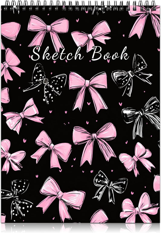 Cabreche Cute Sketchbook Top Spiral Bound Sketch Pad, 9 x 12 inch,100GSM Thick Paper,50 Sheets 100 Pages,Art Sketch Book Artistic Writing Drawing Paper for Girls Women Beginners-Black Pink Bowknot