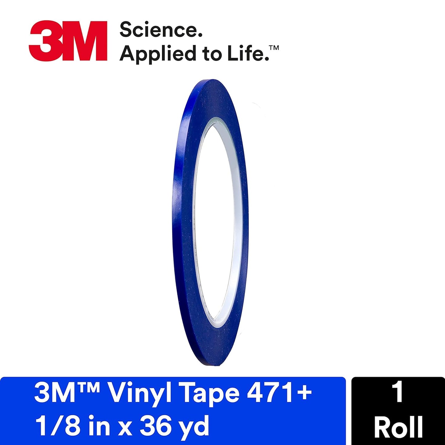 3M Vinyl Tape 471+, 1/8 in x 36 yd, Indigo, 1 Roll, Fine Line Tape for Paint Masking Striping, Color Separation and Complex Designs, High-Temperature, Stretch