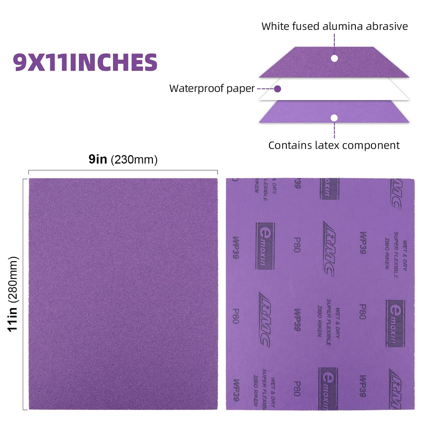 Sandpaper 80 Grit 20 PCS, Wet Dry Sanding Sheets 9 x 11 Inch, Purple Alumina Abrasive Sand Paper for Wood, Metal, Drywall, Resin, Automotive Sanding, Polishing, Grinding, by POLIWELL