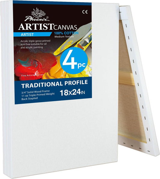 PHOENIX 18x24 Inch 4 Pack Artist Canvas - Large Stretched Canvases for Painting - 3/4 Inch Profile, 100% Cotton 11 Oz. Gesso Primed White Blank Professional Canvas Oil & Acrylic Paints