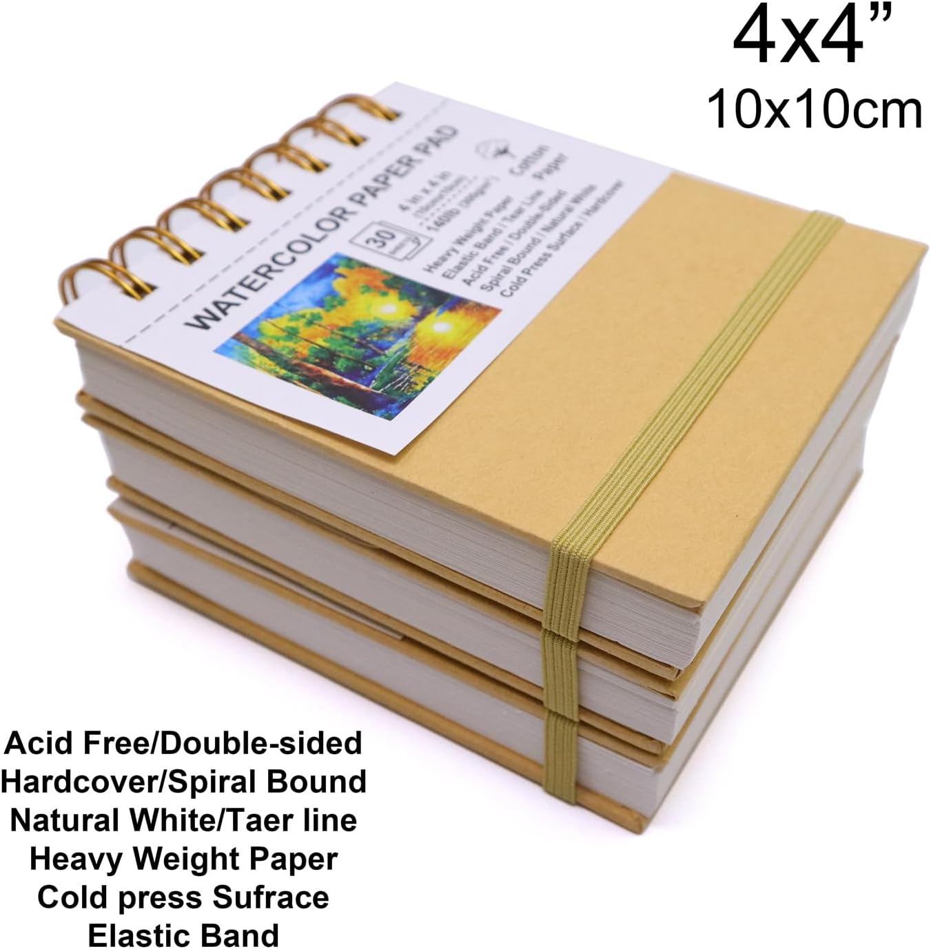 Mini Watercolor Paper Pads, 4x4, 3Pack, Kraft Hardcover Sketch Books, 140lb/300gsm Heavyweight Cotton Paper, Spiral Bound, Cold Pressed, Dual-Sided(Smooth&Texture),Painting Paper for Artists Students