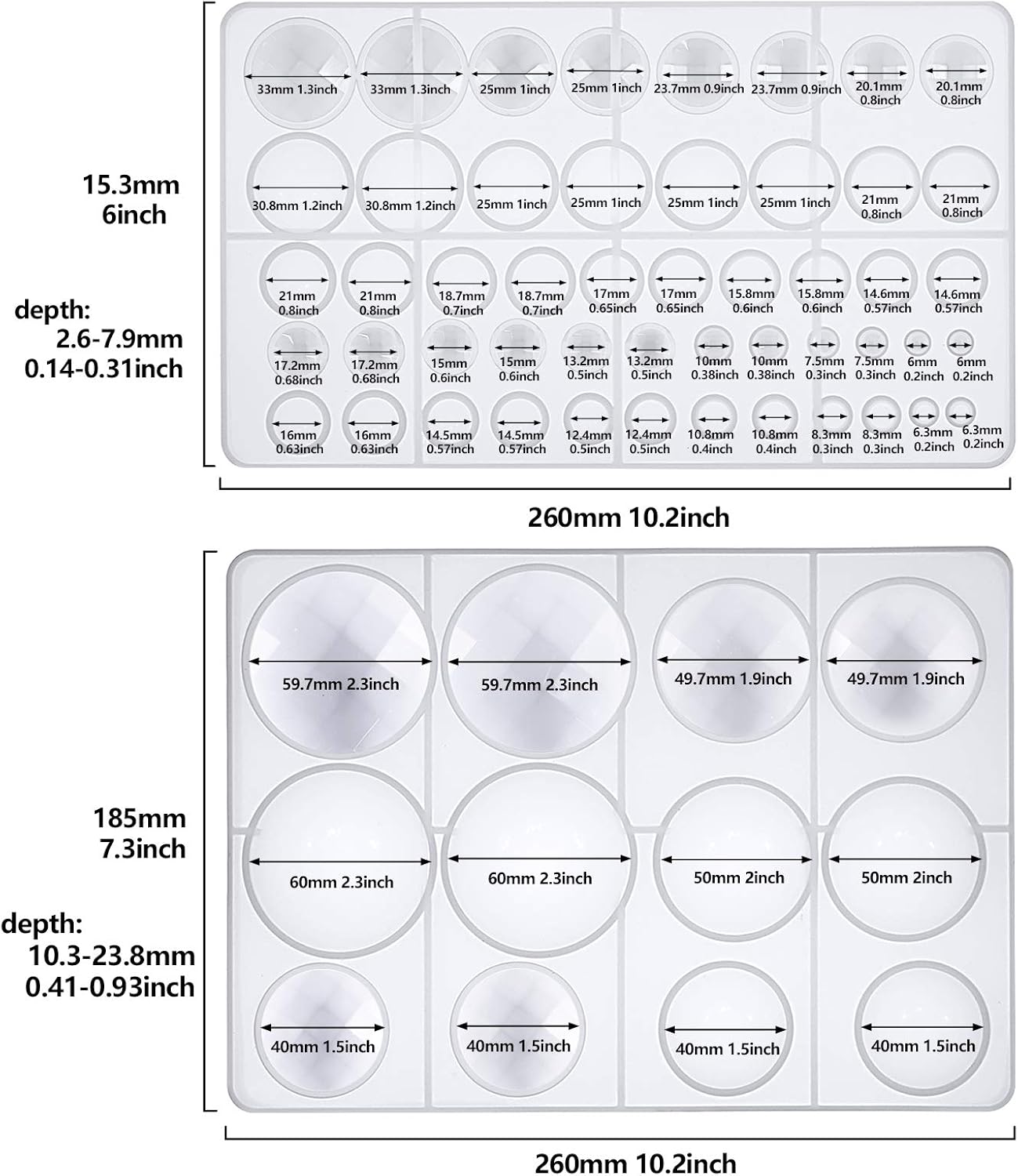 FUNSHOWCASE Cabochon Gem Resin Silicone Molds for Cake Decoration, Polymer Clay, UV Epoxy Urethane Polyresin Jewelry Making, Faceted and Round Domes Set of 2 Trays Circle Diameter 0.2-2.3inch