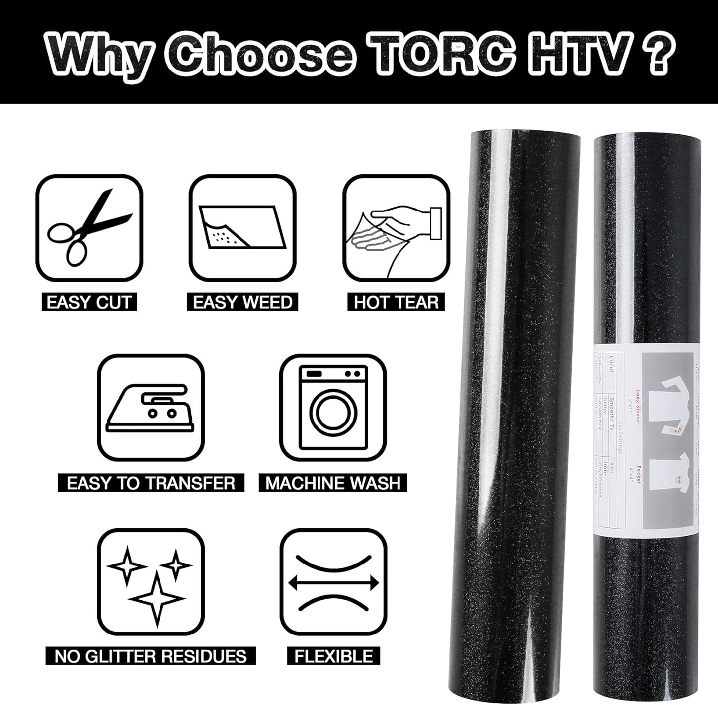 TORC Black Glitter HTV Heat Transfer Vinyl Roll 12 inch x 20 ft Iron on Vinyl for T Shirts Crafts Bulk