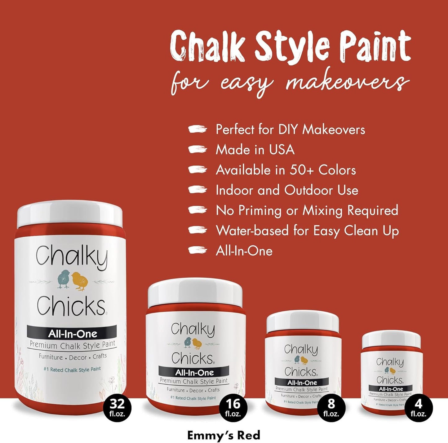 Chalky Chicks All-in-One Chalk Paint for Furniture or Cabinet - 4 Fl Oz - Matte Finish Emmy's Red (Orange Red) for Metal, Wood Furniture Paint - No Sanding All-in-One for Home Decor & Crafts, USA Made