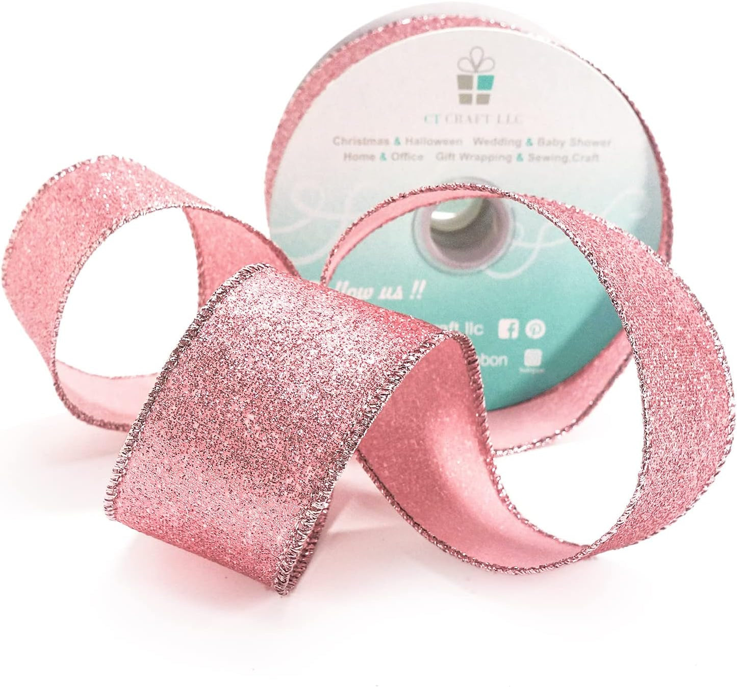CT CRAFT LLC Glitter Wired Ribbon 1.5" x 10 Yards Rose Gold for Christmas Home Decor Bow Gift Wrapping DIY Crafts Wreath