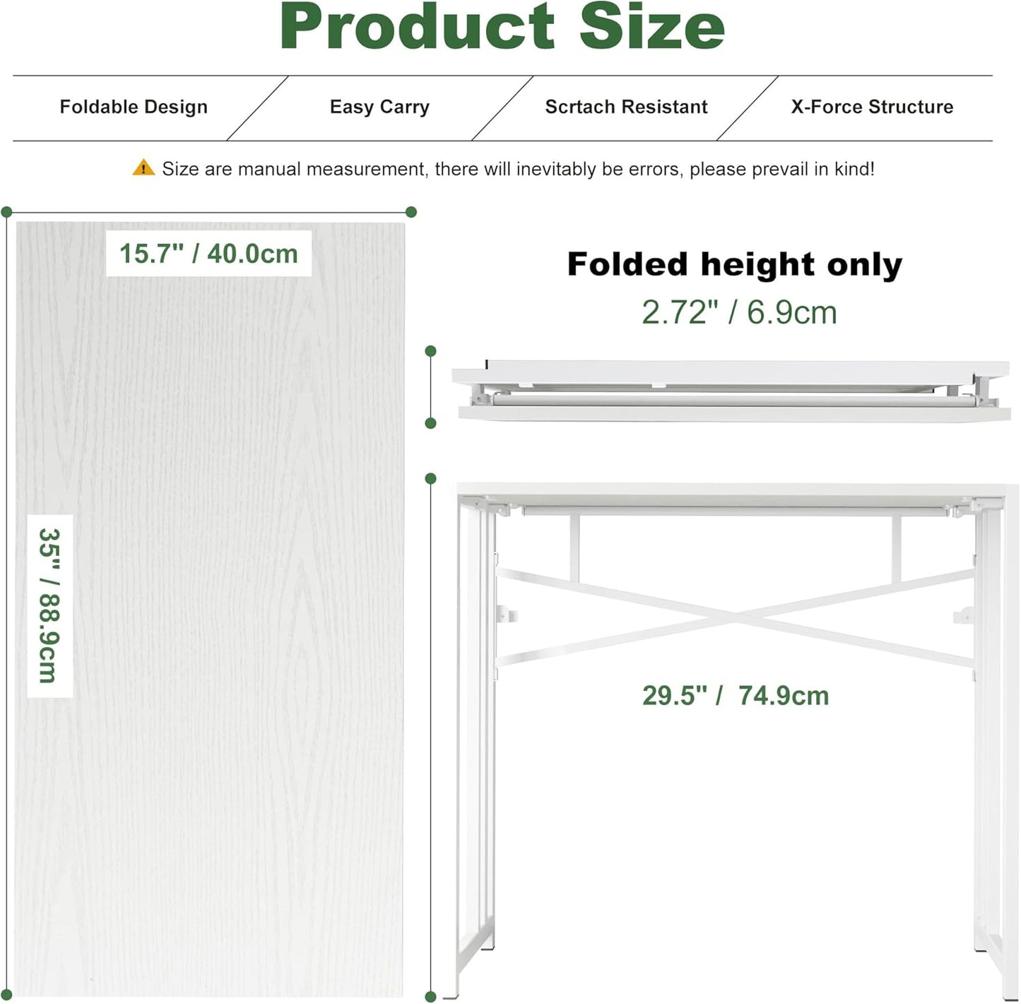 Small Folding Desk 35 inch, No Assembly Required Narrow Office Desk, Writing Gaming Computer Camping Table, White