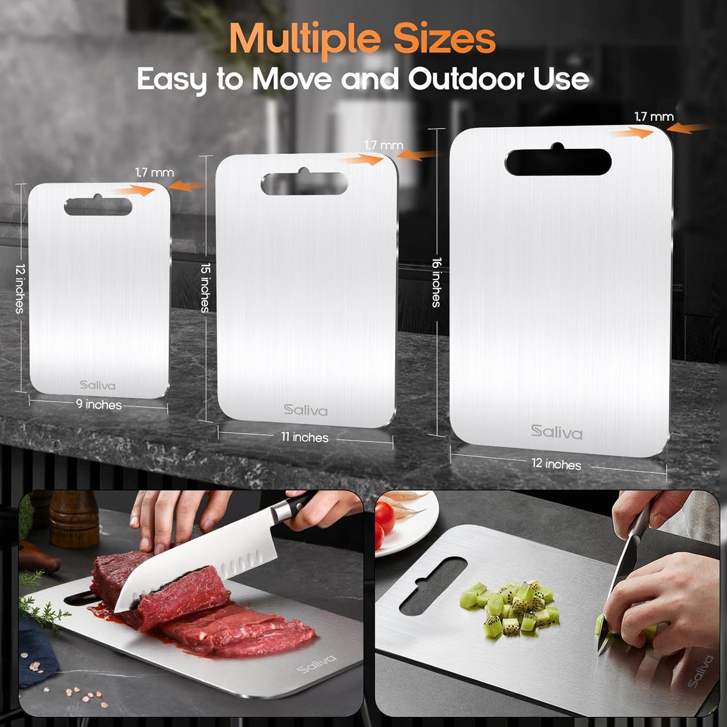 Saliva 3pcs Titanium Cutting Board for Kitchen, Titanium Cutting Boards Set of 3, Non Toxic Double Sided Food Grade, Dishwasher Safe, No Blunt Knife, Chopping Boards with Handle for Meat & Vegetable