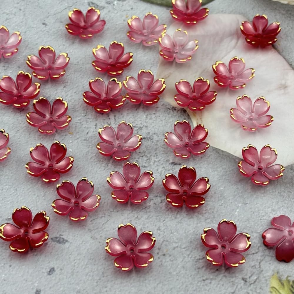 100pcs Acrylic Flower Beads, 19mm Cherry Blossom Plastic Gradient Flower Spacer Beads for DIY Crafts Bracelet Necklace Earrings Jewelry Making(Red)