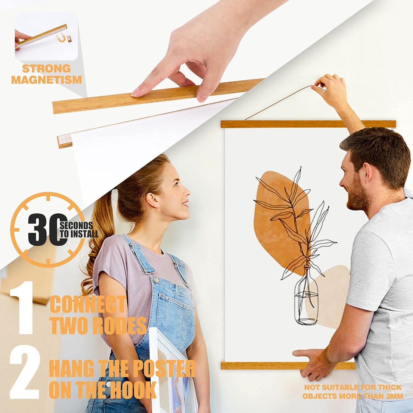 Ywlake Magnetic Poster Hanger, 10x10 10x32 10x20 Poster Frame Wood Wooden Magnet Print Posters Dowel Scroll Hanger Hangers Hanging Kit for Walls Map Canvas Artwork (Teak Wood, 10")