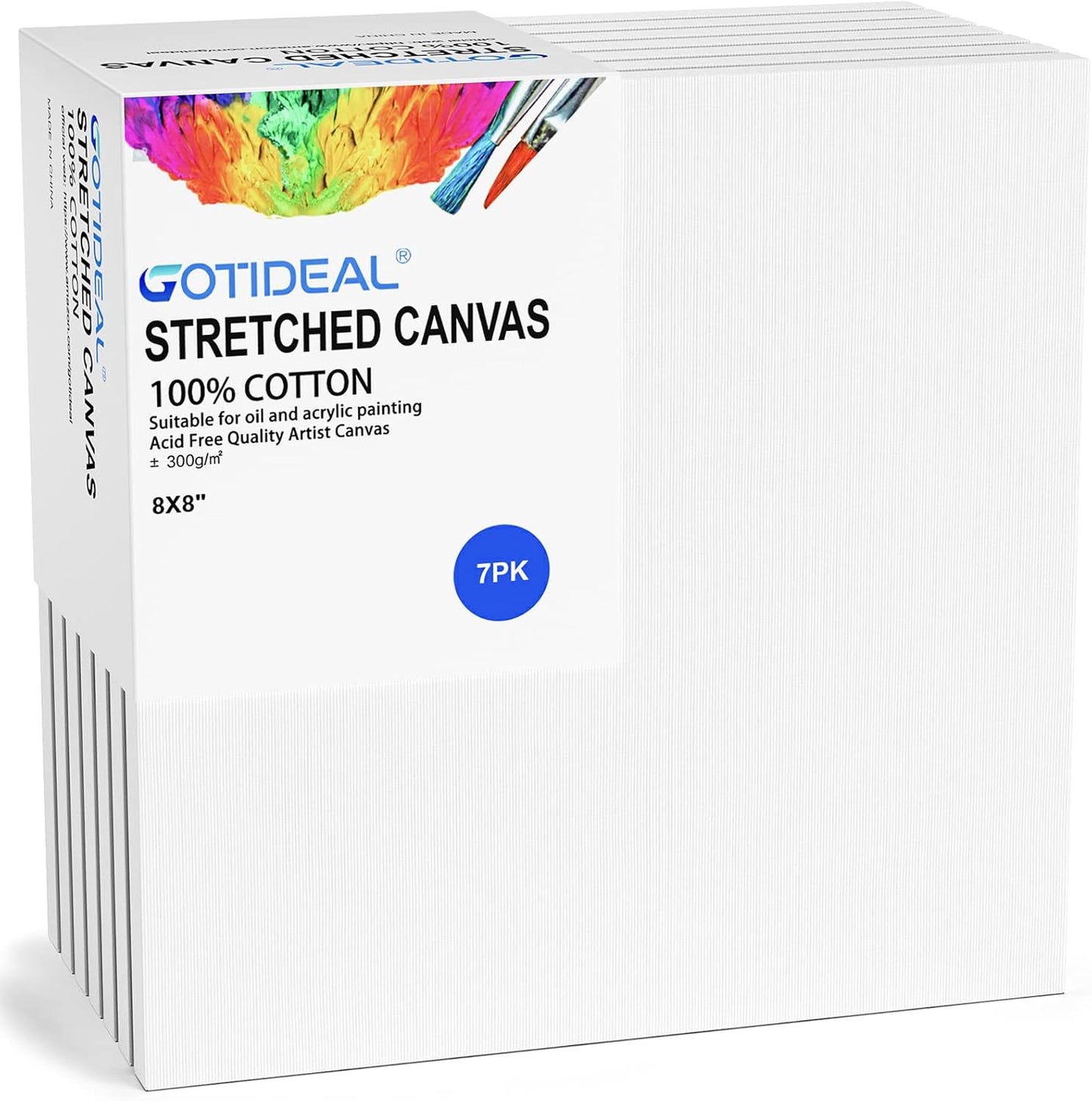 GOTIDEAL Stretched Canvases for Painting, 8x8 Inch Set of 7, Primed White - 100% Cotton Blank Art Square Canvas Boards for Painting for Acrylic Pouring, Oil Paint Dry & Wet Art Media