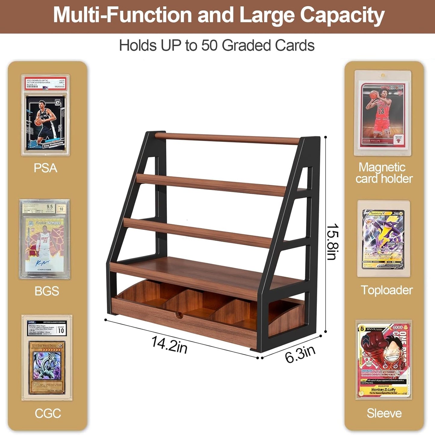 handrong Card Display Stand,3-Tier Trading Card Display with Drawer,Wooden Graded Baseball Sports Cards Holder,Greeting Cards Stand for Collection,Vendor & Show (Brown)