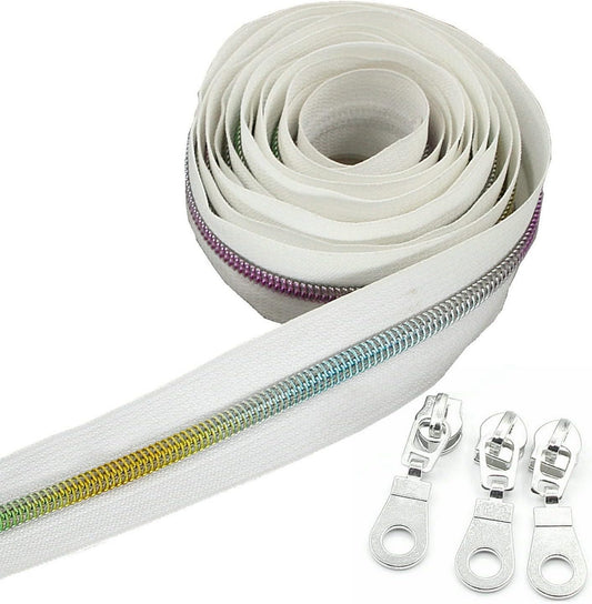 Leekayer #5 Metallic Nylon Coil Zippers by The Yard Colorful Teeth Zipper Bulk 10 Yards White Tape with 25pcs Silver Sliders for DIY Sewing Tailor Craft Bag(White)