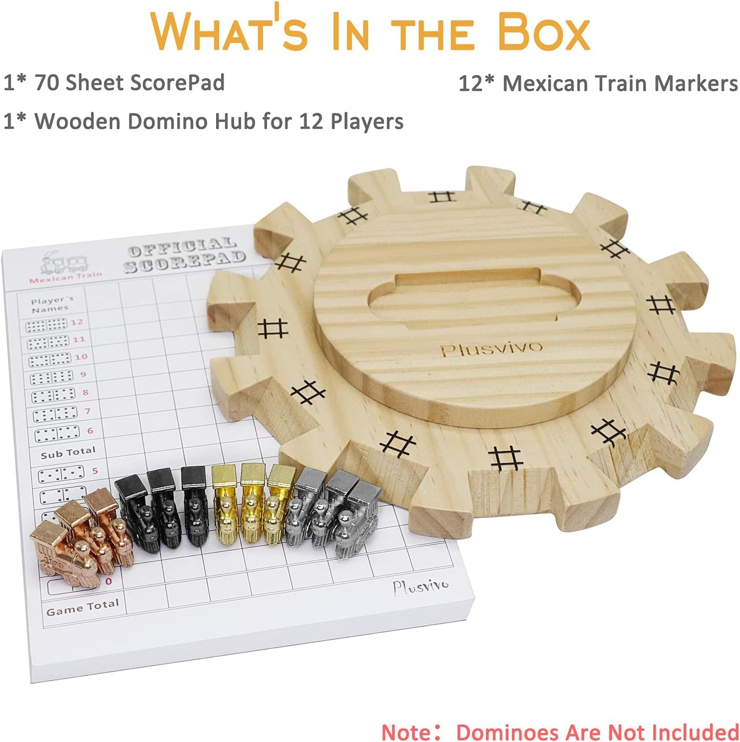 Mexican Train Dominoes Accessories Set-Including a 7.89-Inch Wooden Mexican Train Hub up to 12 Players, 12 Metal Train Markers, and a 70-Sheet Mexican Train Score Pads