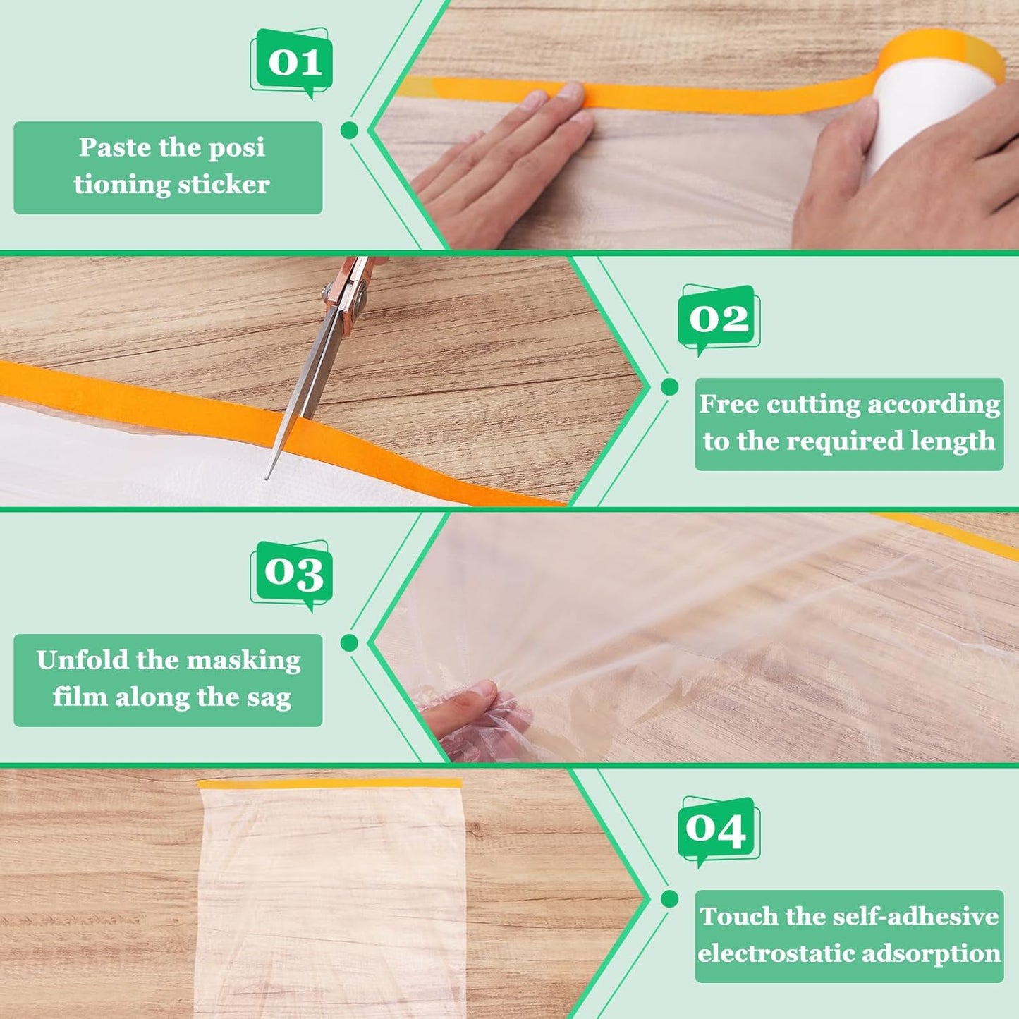 12 Pack Tape and Drape, 3 Sizes Pre-Taped Masking Film Plastic Sheeting Cover Roll, 65.6 Ft/Pack Automotive Painters Masking Tape Film for Furniture, Floor, Skirting