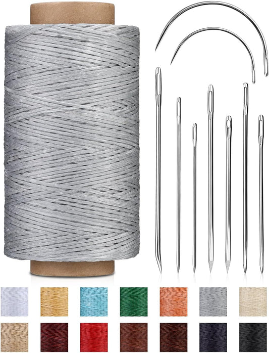 DIUDUS 218 Yards Waxed Thread, Upholstery Thread Heavy Duty for Hand Sewing with Heavy Duty Sewing Needles, Leather Repair kit for Furniture Shoes Bags Sofa (Light Gray)