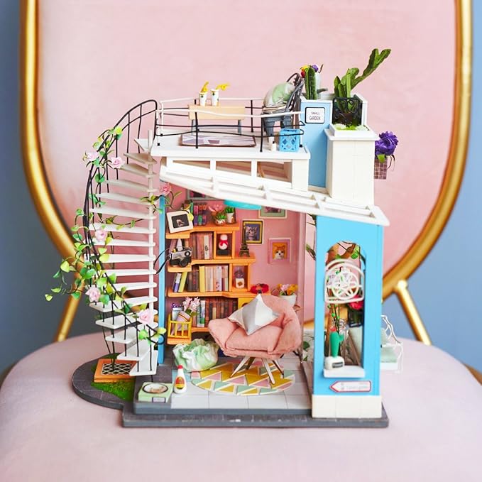 ROBOTIME DIY Miniature Dollhouse Kit - 1:24 Scale Miniature House Kit with LED Light - Tiny House Kit with Furniture Best Birthday for Women and Men