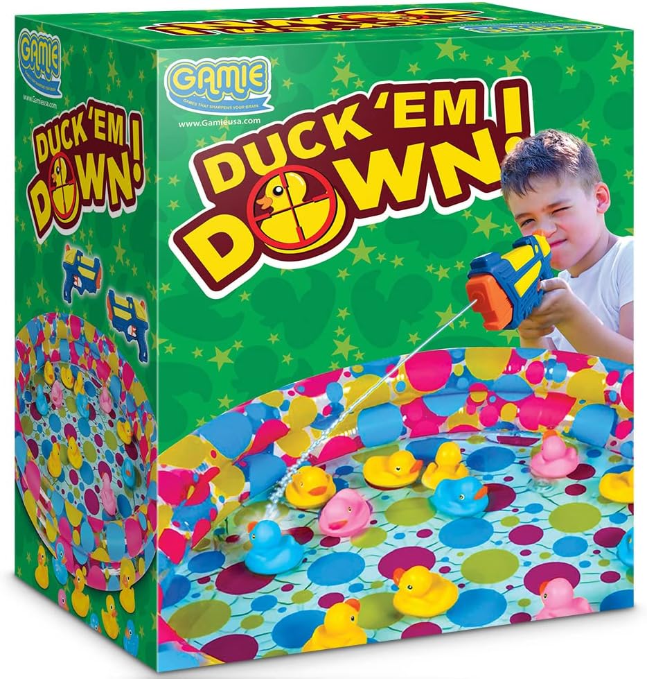 Gamie Duck’em Down Shooting Game, Carnival Duck Pond Game with 1 Inflatable Pool, 2 Water Guns, and 20 Ducks, Backyard Games for Kids, Outdoor Summer Toys, and Carnival Theme Party Decorations