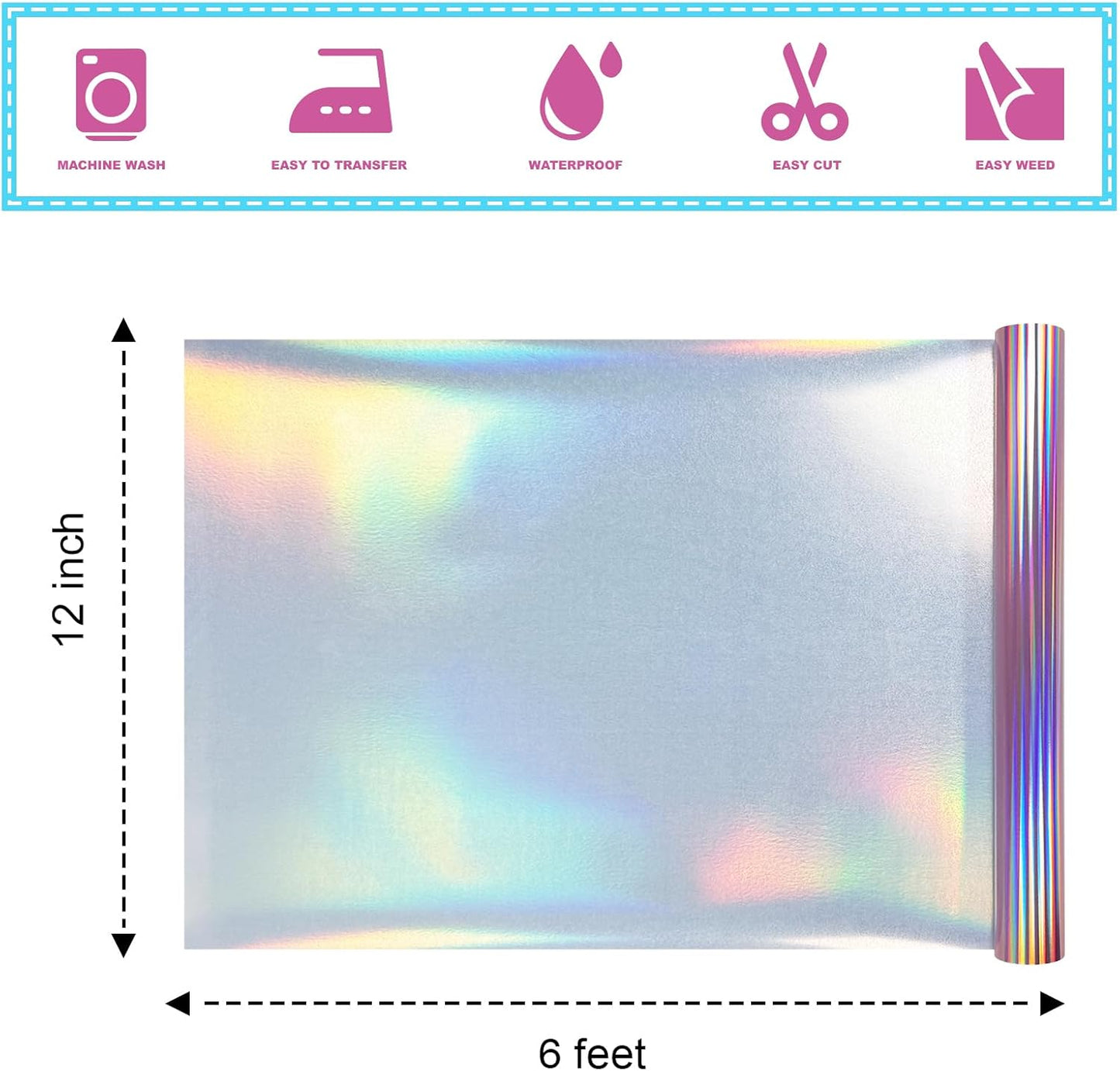 ROFISUESheet MetallicFoil HeatTransferVinyl12Inch*6Ft,BundleChrome HTV VibrantColors for Stunning T-Shirt DesignsPerfect forDIY (olographic Pink, 12Inch*6Ft)