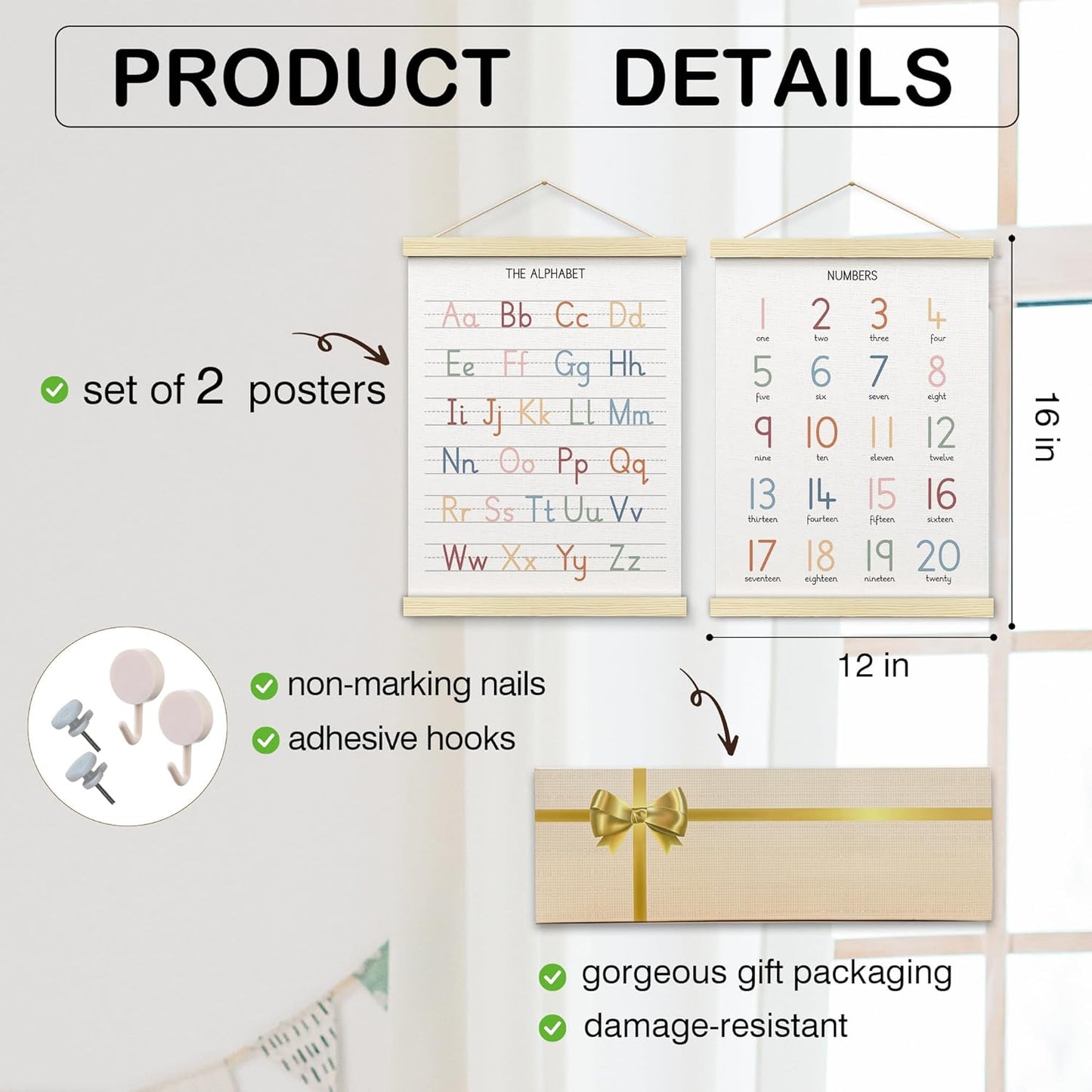 BONETAT Numbers alphabet poster for Nursery Toddlers,Correct Letter Formation on Line Paper, Play Room Wall Decor,ABC Wall Chart,Preschool Homeschool Decor Kids Wall Decor,Wooden Alphabet Banner-A04