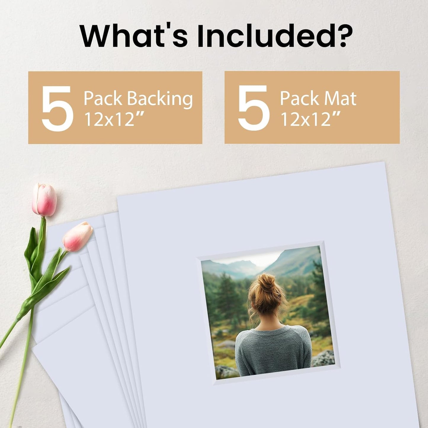 Falling in Art 5 Pack Acid Free 12x12'' White Picture Mats Board Show Kit for 8x8'' Photos, 4-Ply Beveled Pre-Cut Photo Mats with Backing Board for Frames, Artwork and Prints