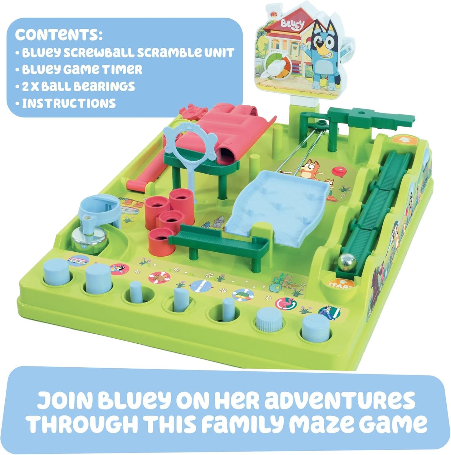 TOMY Bluey Screwball Scramble Marble Maze- Beat The Clock Marble Run - Fast Paced Kids Games and Bluey Toys for Birthday Parties - 1-4 Players - Ages 5 Years and Up