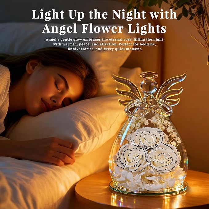Beferr Valentines Day Rose Gifts for Her Women Mom Gifts for Birthday, Fresh Flowers for Delivery Forever Preserved Rose in Glass Angel Figurine, for Grandma Wife Daughter Girlfriend