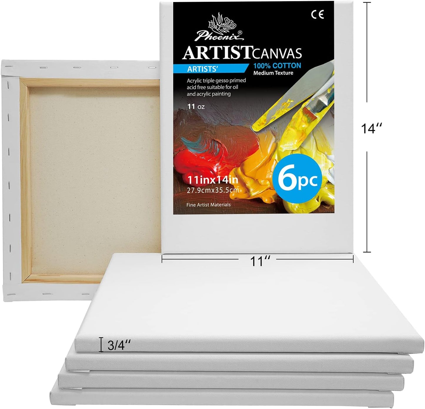 PHOENIX Professional Stretched Canvas for Painting - 11x14 Inch/6 Pack 3/4 Inch Profile, 100% Cotton 11 Oz. Heavy Duty Gesso Triple Primed White Blank Artist Canvases for Oil & Acrylic Paints