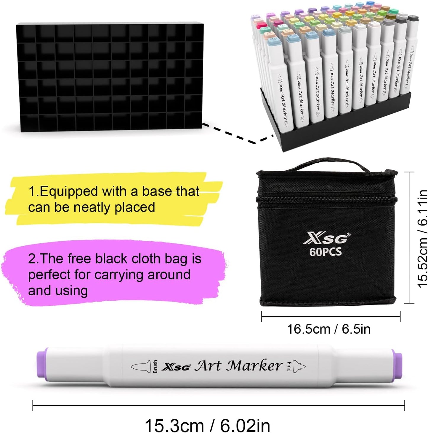 XSG Alcohol Markers,60 Colors Dual Tip Brush & Fine Tip Art Marker Set,for Blending & Shading,Ideal for Coloring Books & Professional Artwork,Includes Blender Pen & Portable Case,Ideal for All Ages