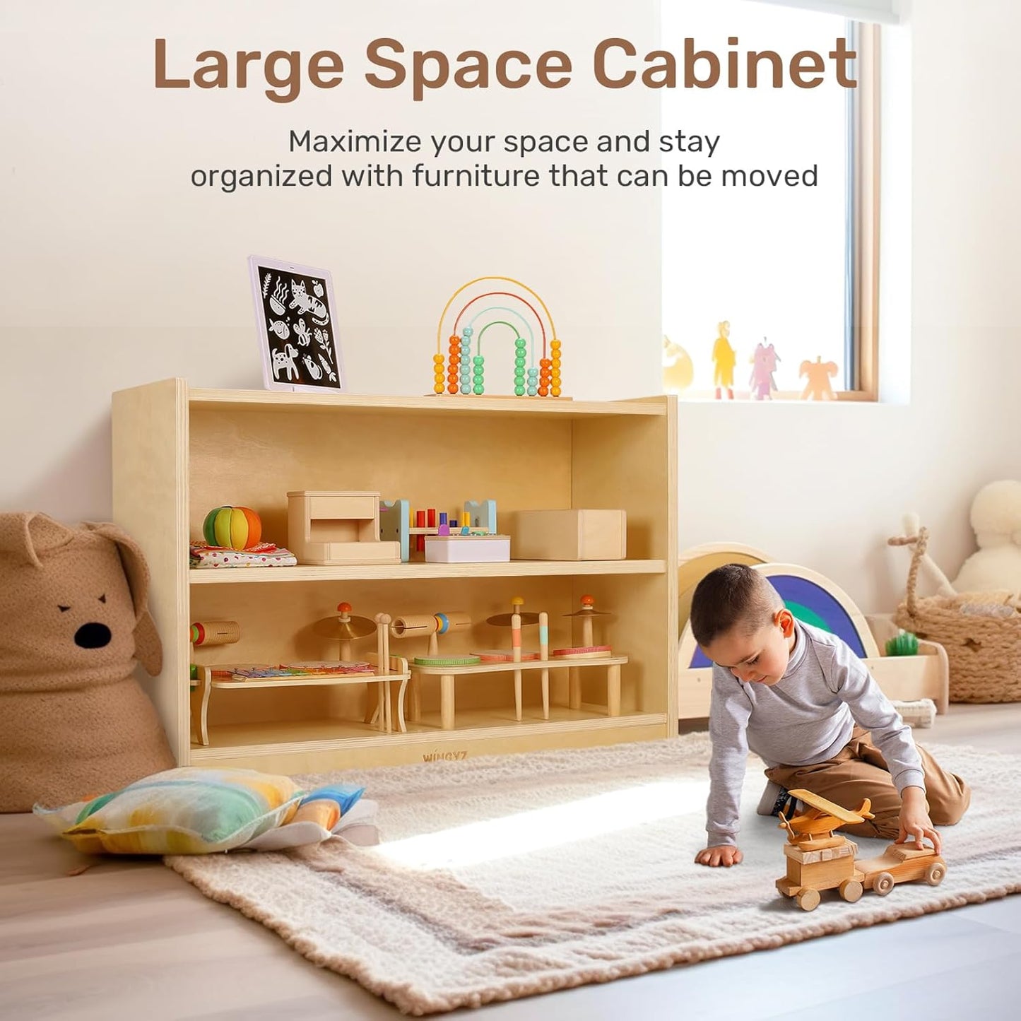 wingyz Wooden Storage Cabinet, 2-Tier Kids Toy Storage Organizer, Spacious Montessori Kids Bookshelf, Toy Shelf Storage Organizer for Playroom Classroom Nursery Study Room Living Room