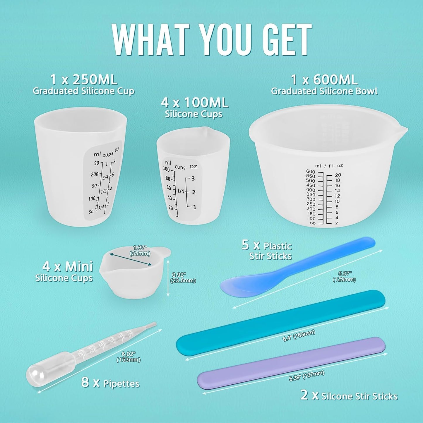 Silicone Resin Mixing Measuring Cups for Resin Supplies, Easy-to-read Marks, 600ml/20oz Bowl, 250&100ml Thickened Reusable Silicone Cups for Epoxy Mixing, with Stir Sticks, Jewelry Making