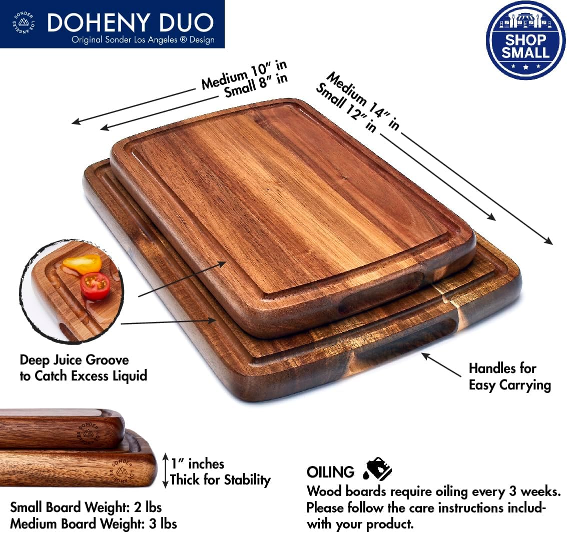 Set of 2 Sonder Los Angeles Acacia Wood Cutting Boards with Juice Groove, Gift Box Included - Small & Medium Sizes: 14x10x1in & 12x8x1in. Ideal for Meat, Vegetables, and Organic Produce Sustainable