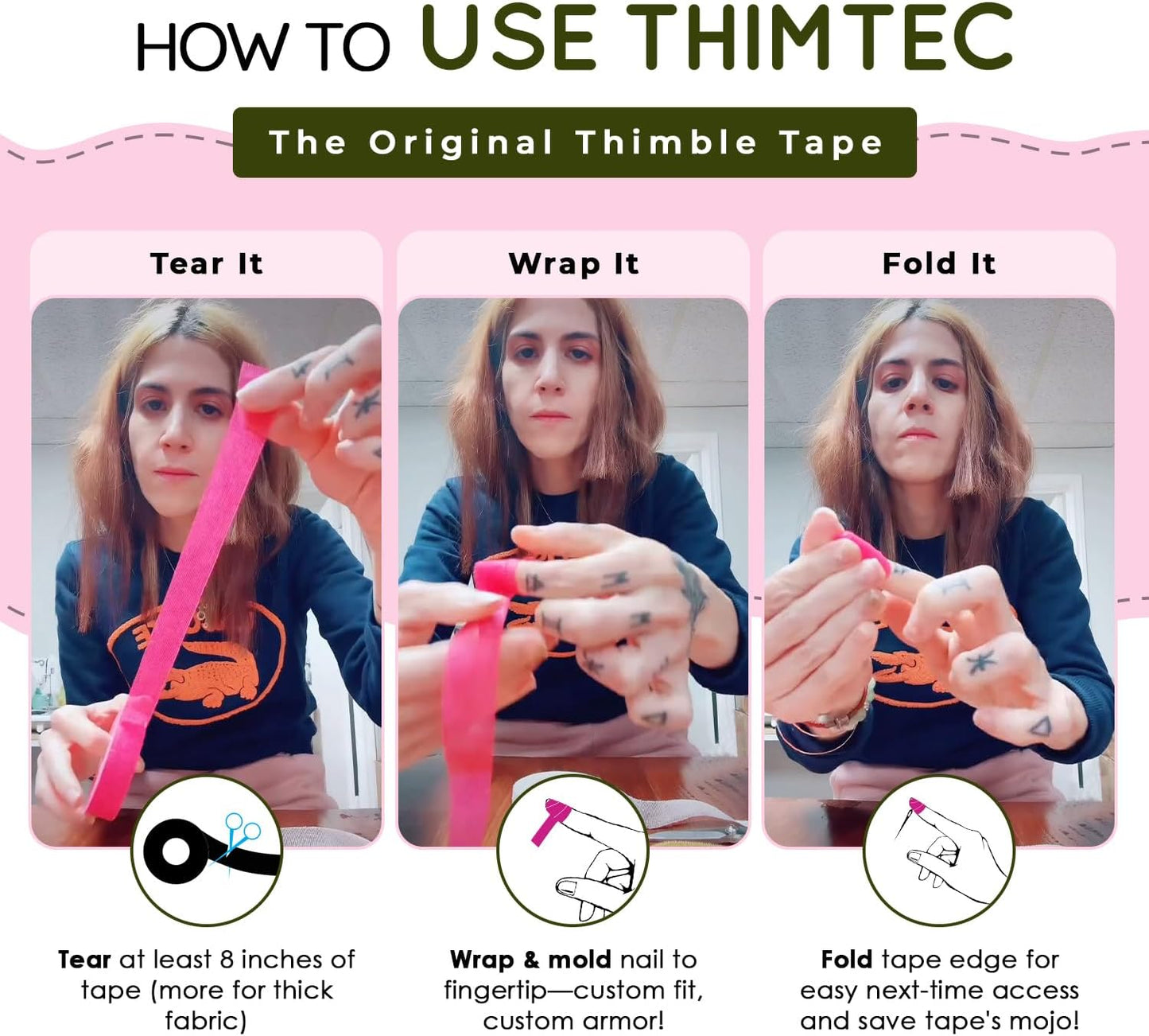 THIMTEC - The Original Thimble Tape for Hand Sewing - Fully Adjustable Nail & Finger Protector - A Smarter Alternative to Classic Knitting Thimbles -White Cloud, 3-Pack