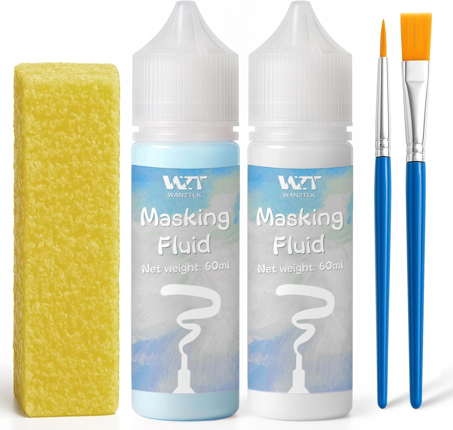 2Pcs Masking Fluid for Watercolor Painting with a Paintbrush and Eraser - Art Masking Fluid Pen Watercolor Medium Art Supplies for Artists - 60ml Blue+60ml White