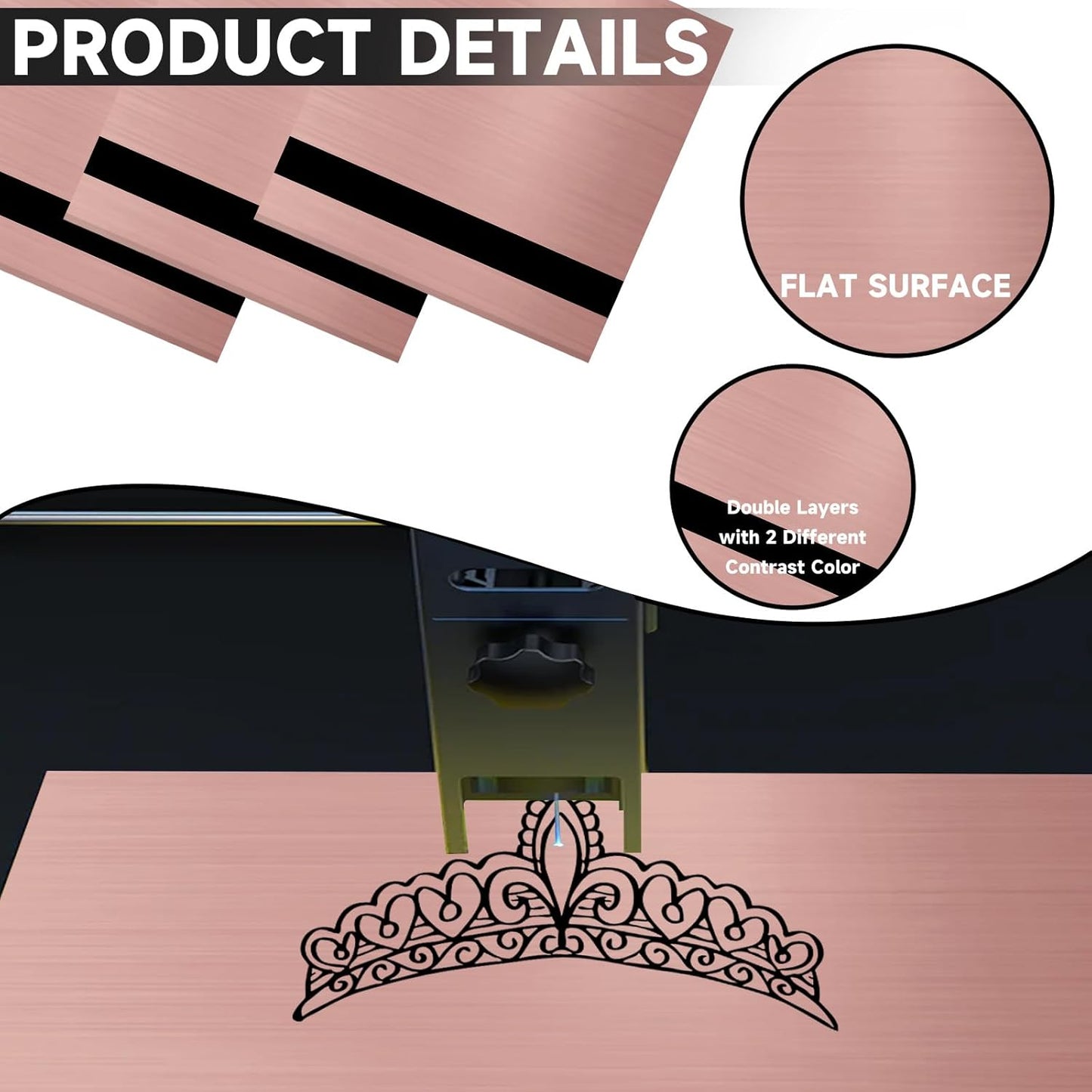 5PCS Laser Engraving Double Color ABS Plastic Sheet,Two-Tone Laserable Engraving Plastic Sheets for Name Badge,Office Label,Laser Product,Size 11.73" x 11.73",Brushed Rose Golden/Black