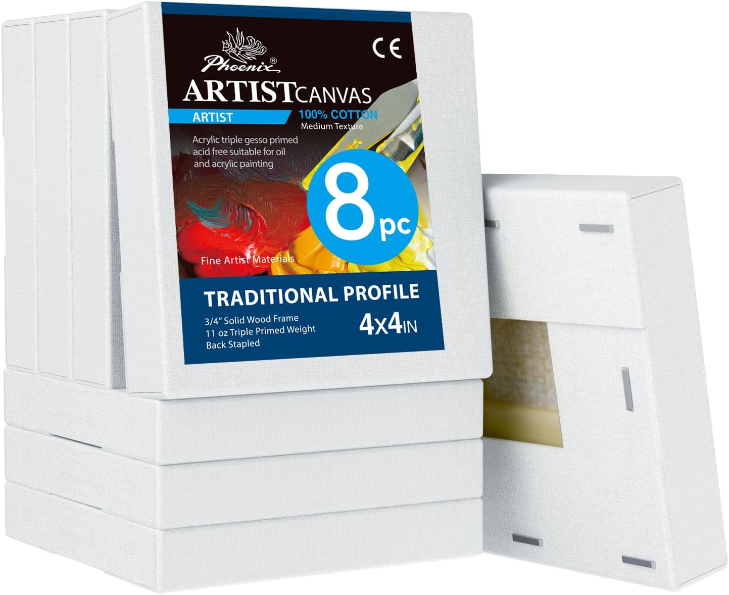 PHOENIX 4x4 Inch 8 Pack Artist Canvas - Small Square Stretched Canvases for Painting - 3/4 Inch Profile, 100% Cotton 11 Oz. Gesso Primed White Blank Professional Canvas Oil & Acrylic Paints