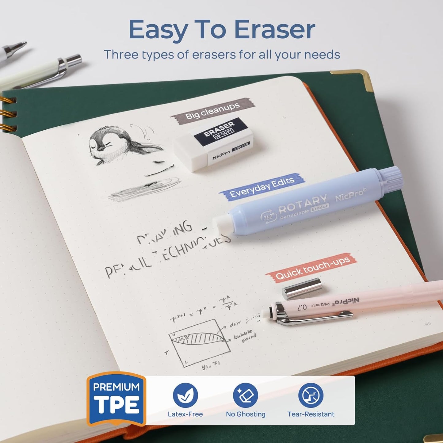 Nicpro Cute Mechanical Pencil Set, 4PCS 0.7mm Pastel Drafting Pencils with 4 Tube HB Lead Refills, 4B Erasers, Rotary Retractable Eraser and Eraser Refill for Writing Sketching Back to School Supplies