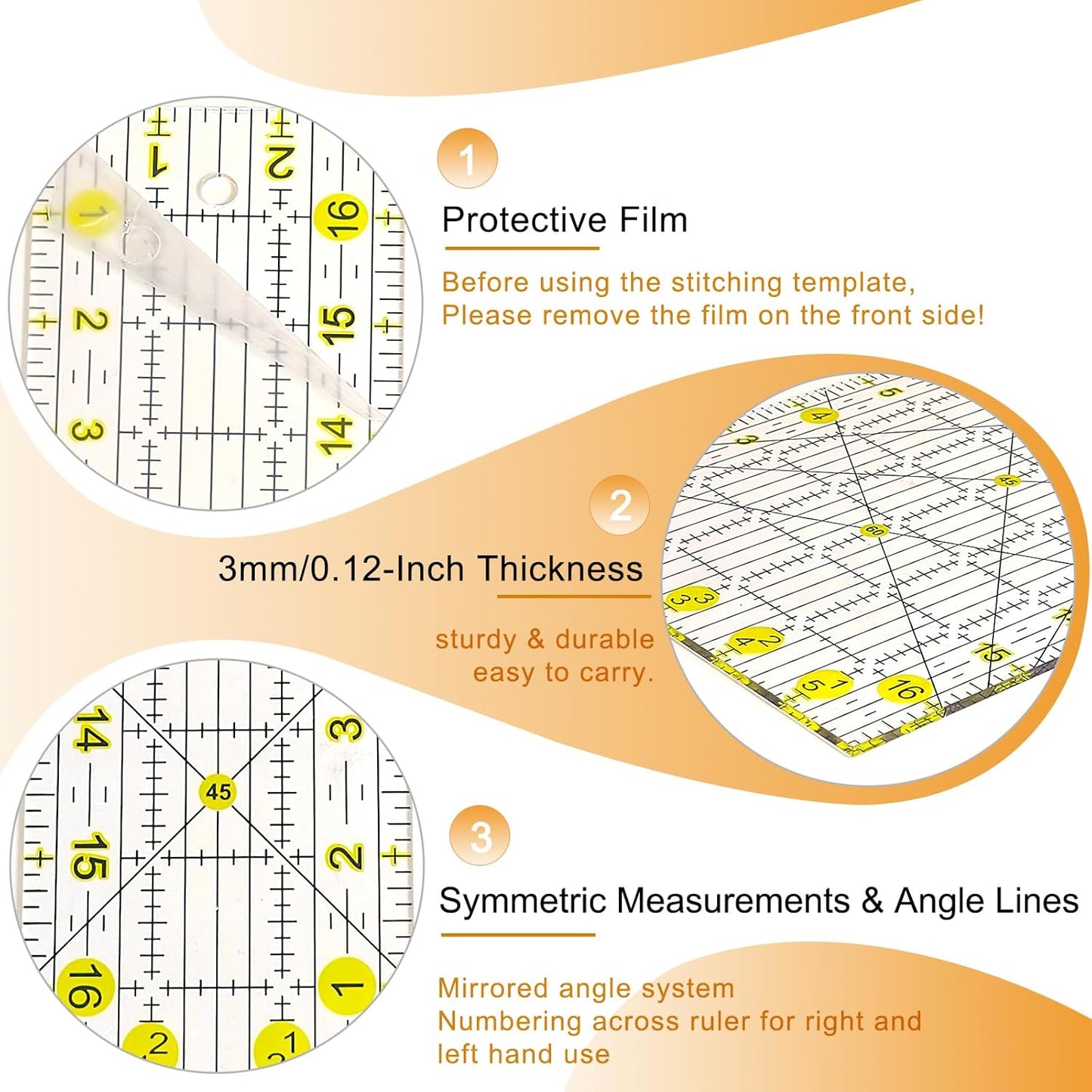 Quilting Ruler, Sewing Ruler, 8 Pack, Acrylic Quilting Templates(6"x17", 3"x17", 2"x16", 1.5"x12", 1"x12", 1"x6", 8"x3"), Non Slip Rings 25 Pieces, Sewing and Quilting Supplies - Clear/Yellow