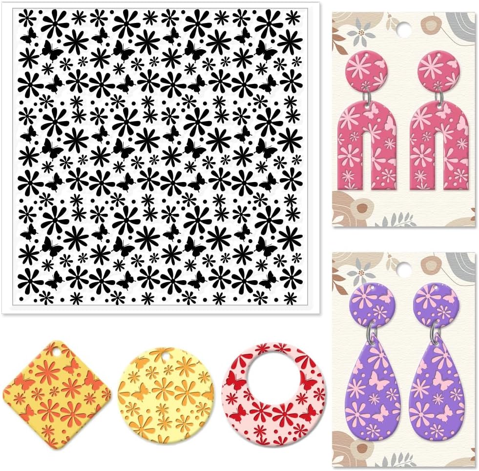 CHGCRAFT Daisy Polymer Clay Texture Sheets Butterfly Silicone Texture Stamp Clay Texture Mat Flower Modeling Pattern Pad Texture Sheets for Polymer Clay Jewelry and Clay Earrings Tools