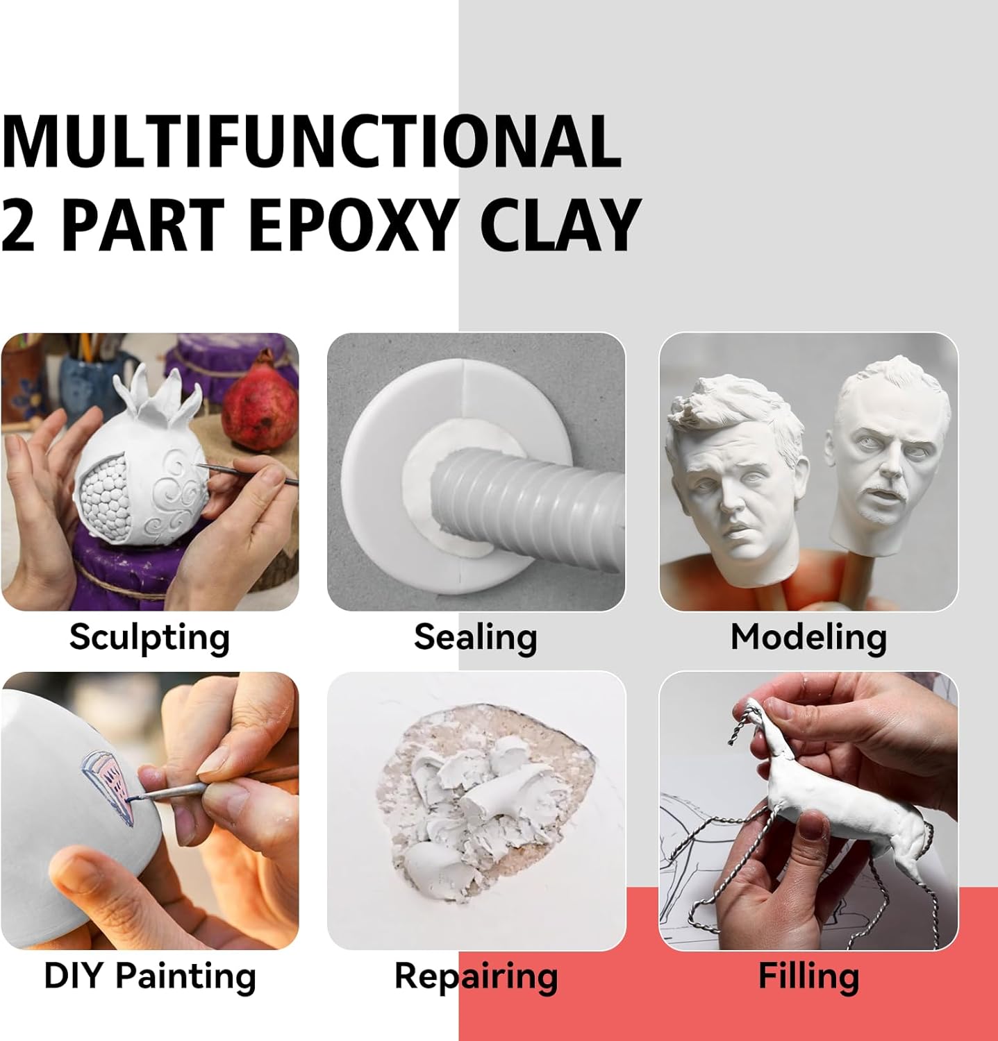 Epoxy Sculpt Clay, Self-Hardening Model Magic Sculpt Epoxy Clay, A&B 2 Part Epoxy Putty, Modeling Compound Sculpting Clays for Sculpting, Modeling, Repairing, Filling, Building, 1 Pound, White